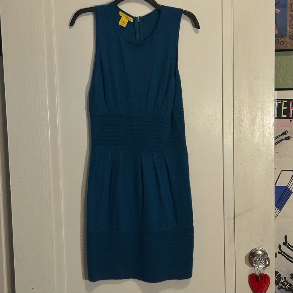 Catherine Malandrino 100% Cashmere Blue Pointelle Ribbed Knit Dress Size Medium